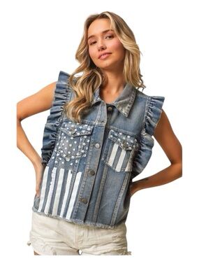 BIBI American Flag Washed Denim Jacket/Vest, Size M.